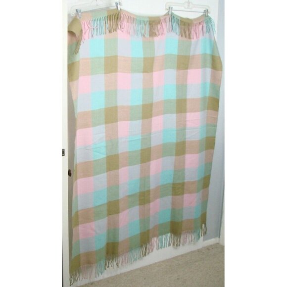 Faribo Woolen Mill Throw Blanket Pastel Fringe Edge Checkered Gingham Bed 68x50"